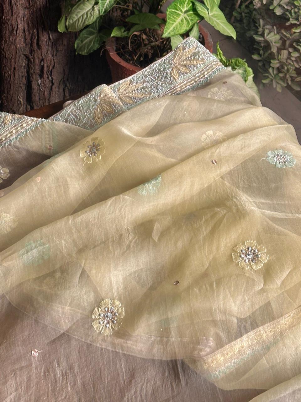 Lemon Shade Noor Banarasi Organza Chikankari Unstitched Fabric