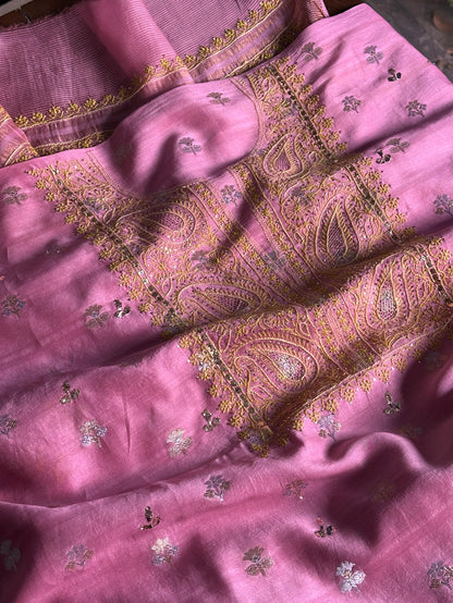 Pink Shade Zari Booti Fine Chikankari With Kamdani Work Unstitched Fabric