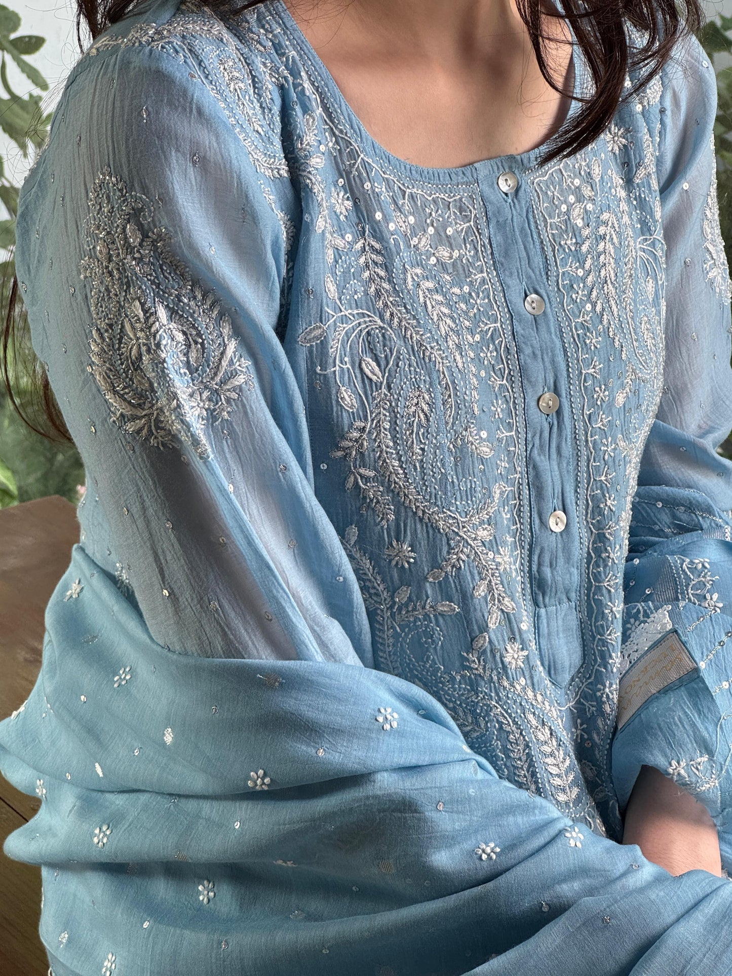 Powder Blue Shade Malmal Pearl Work Chikankari Anarkali