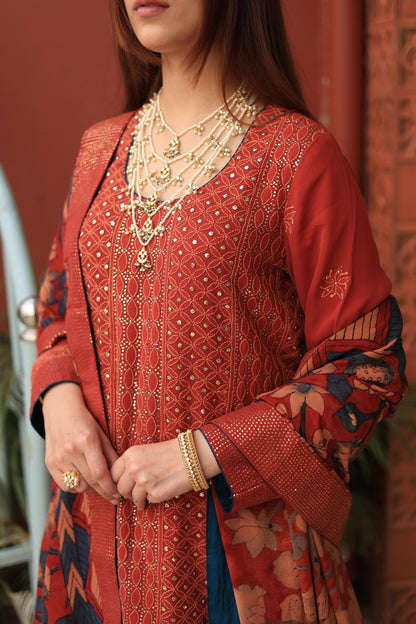 Madder Rust Red Chikankari Pure Georgette Kurta Gharara Set with Kalamkari Dupatta