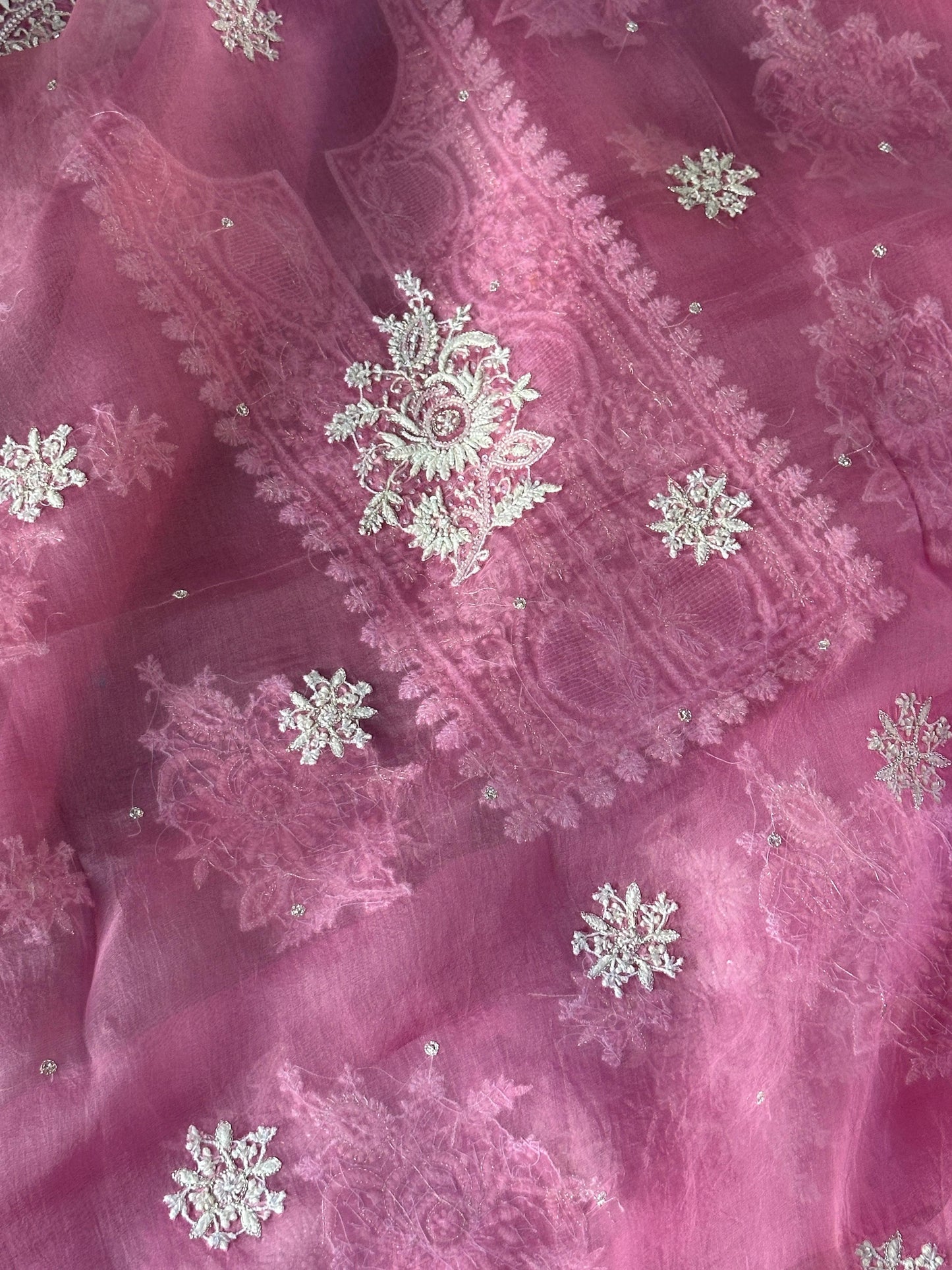 Pink Shade Noor Organza Silk Chikankari Unstitched Kurta Dupatta Set