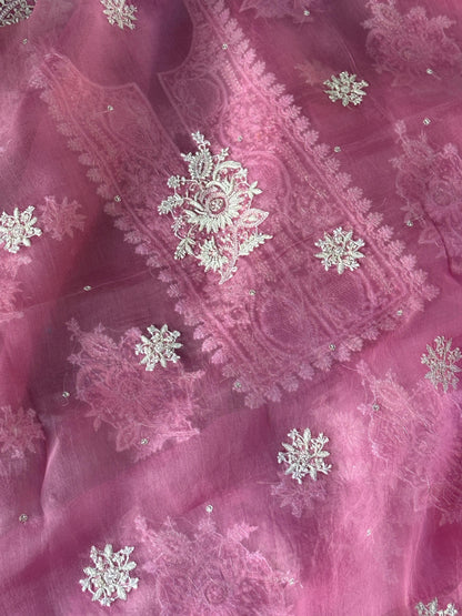 Pink Shade Noor Organza Silk Chikankari Unstitched Kurta Dupatta Set