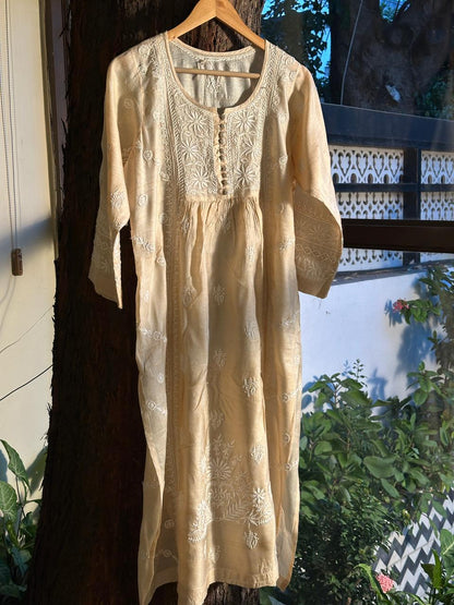 Natural Tussar Silk Chikankari Ready to Wear A Line Kurta