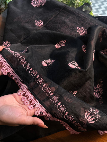 Black & Pink Kota Chikankari Unstitched Fabric