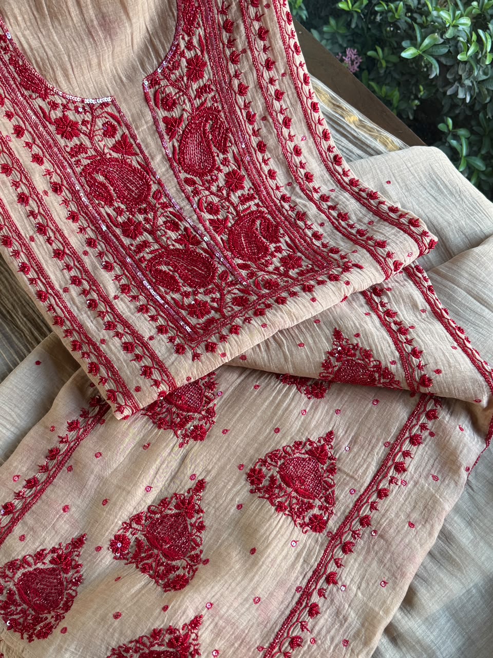 Beige & Red Mal Chanderi Silk Chikankari With Sequins Unstitched Kurta Dupatta Set