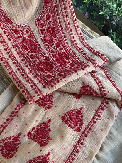 Beige & Red Mal Chanderi Silk Chikankari With Sequins Unstitched Kurta Dupatta Set