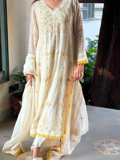 Off White & Yellow Malmal Pearl Work Chikankari Kalidar Kurta Set