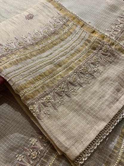 Beige Mauve Tissue Kota Chikankari Unstitched Fabric