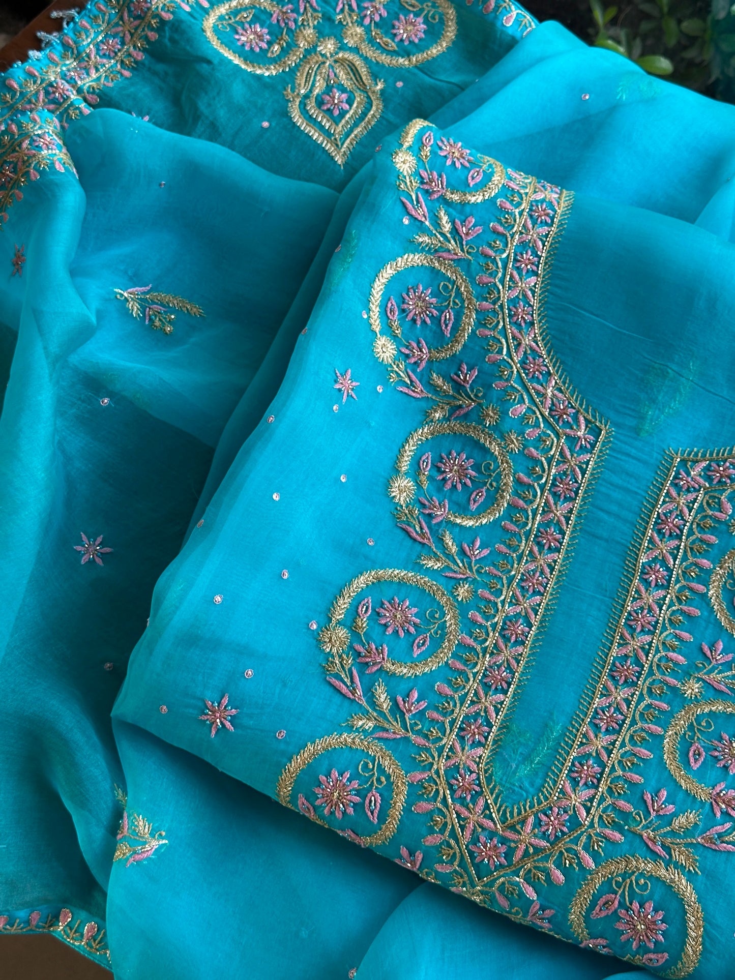 Peacock Blue Organza Banarasi Silk Chikankari Unstitched Kurta Dupatta Set