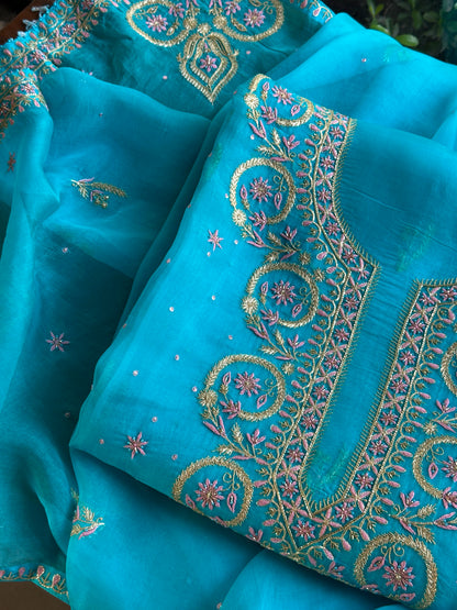 Peacock Blue Organza Banarasi Silk Chikankari Unstitched Kurta Dupatta Set
