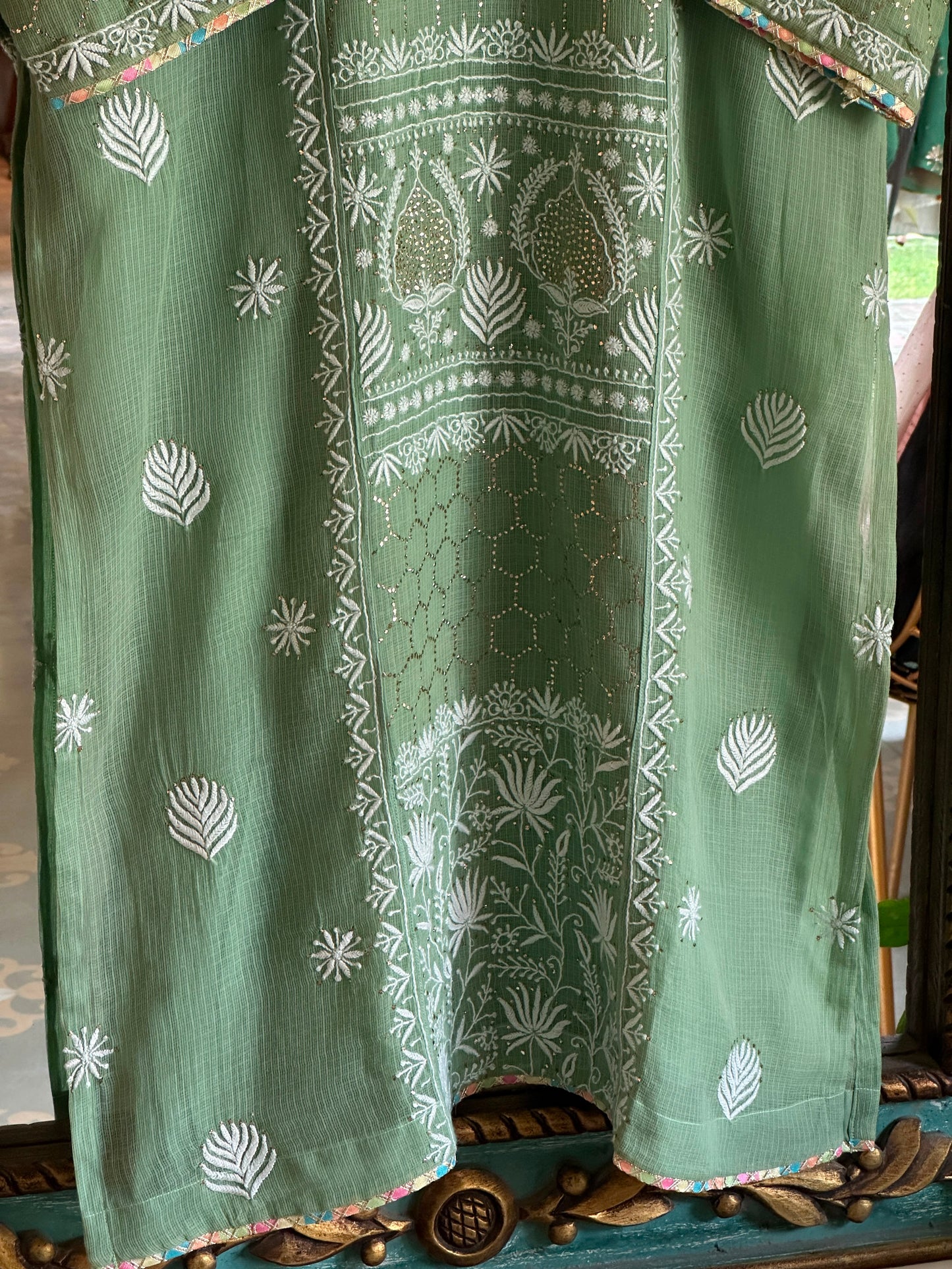 Green Shade Kota Applique Chikankari Kurta Dupatta Set
