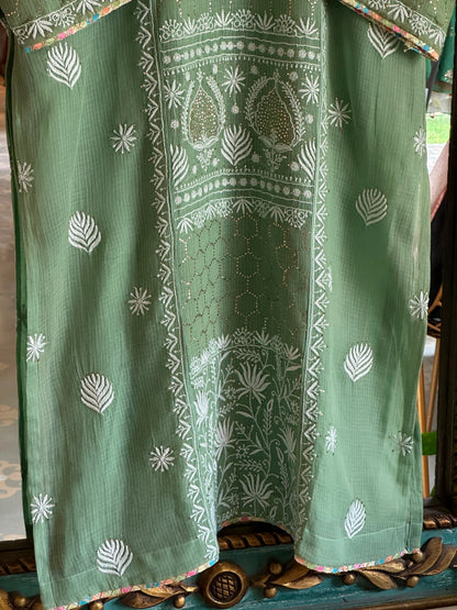 Green Shade Kota Applique Chikankari Kurta Dupatta Set