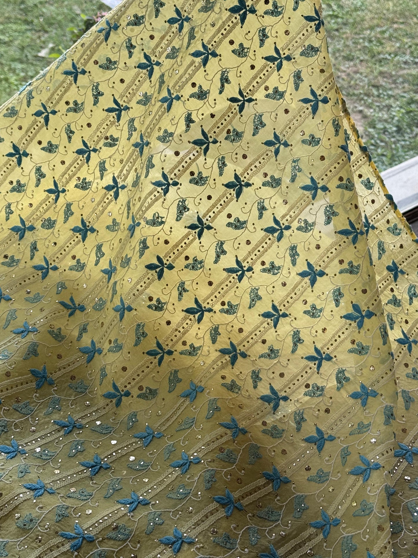 Lemon Yellow & Aqua Noor Organza Silk Chikankari With Kamdani Fabric