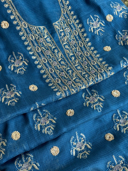 Blue Handloom Kota Chikankari With Mirror Work Unstitched Kurta Dupatta Set
