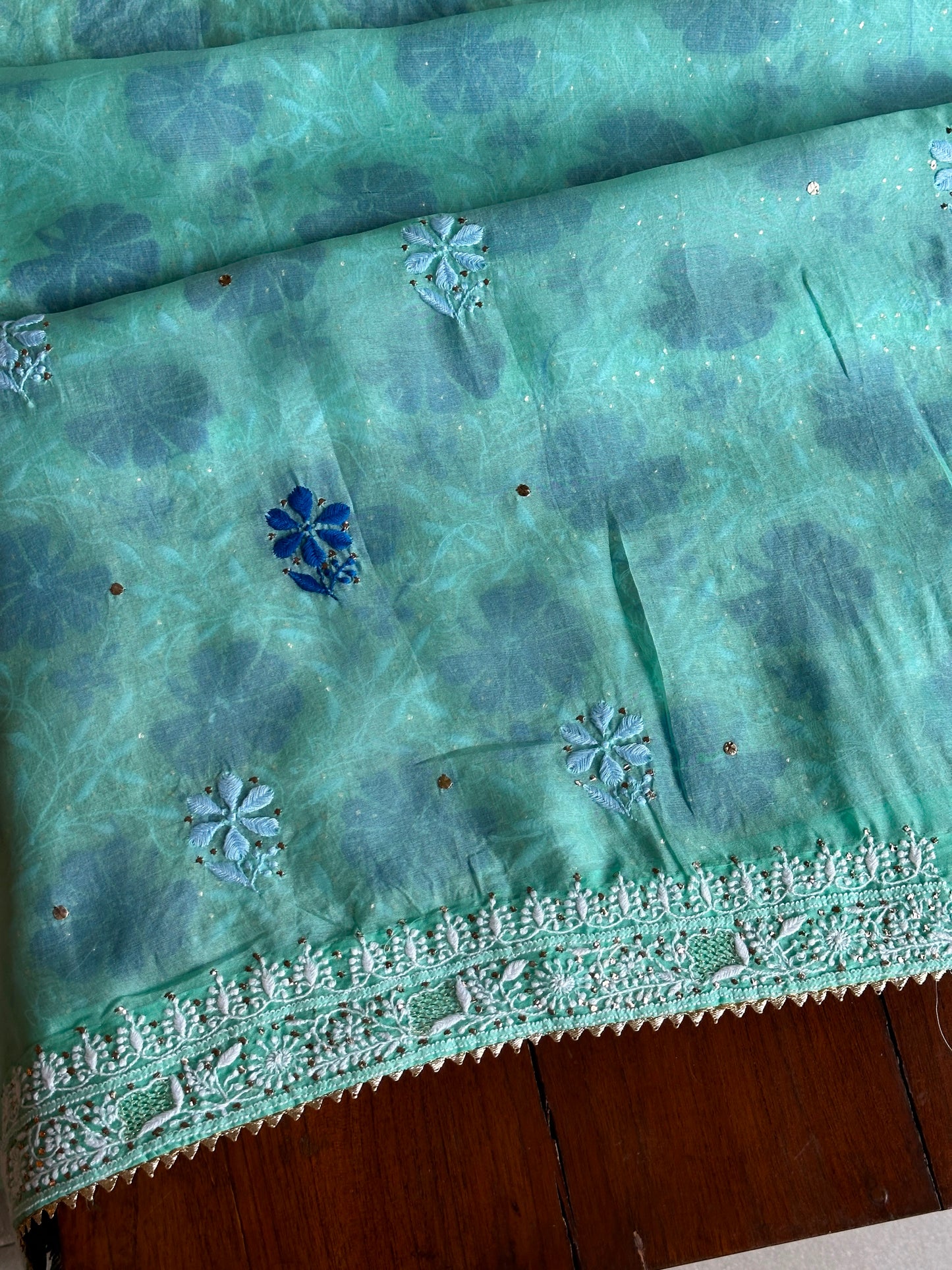 Blue Noor Organza Silk Chikankari With Kamdani Fabric