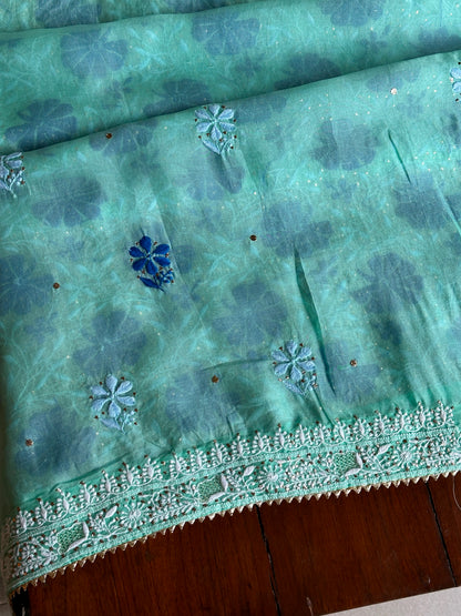 Blue Noor Organza Silk Chikankari With Kamdani Fabric