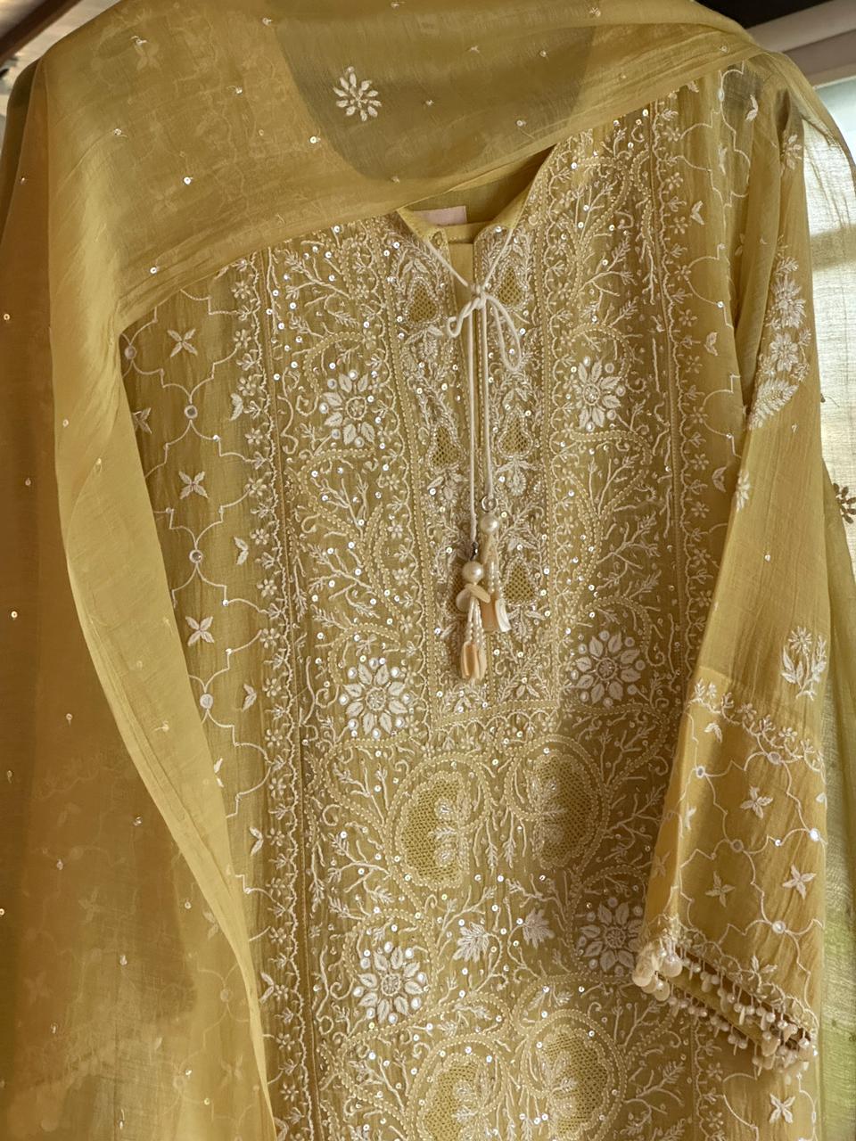 Yellow Shade Malmal Pearl White Chikankari Ready to Wear Kurta Set