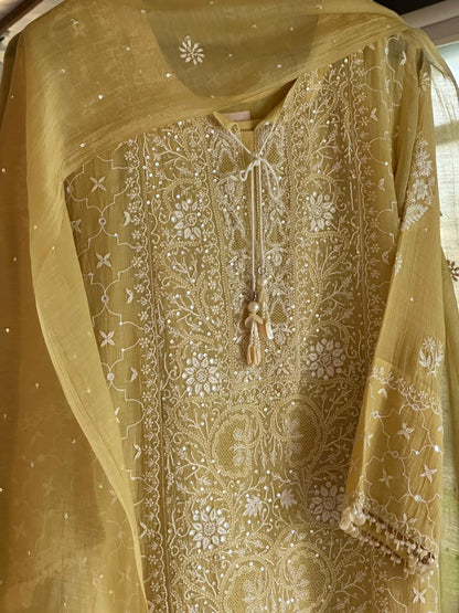 Yellow Shade Malmal Pearl White Chikankari Ready to Wear Kurta Set