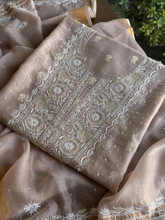 Cloudy Grey Shade Banarasi Zari Chanderi Unstitched Chikankari Fabric