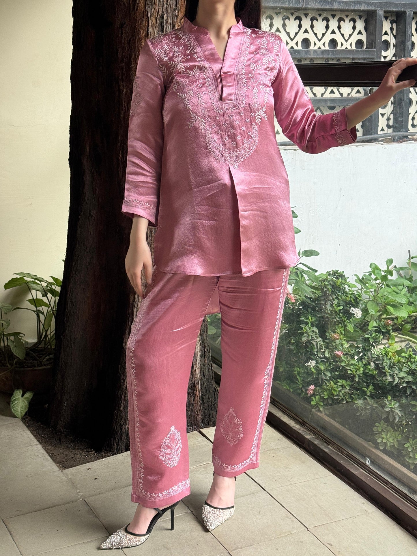 Deep Blush Pink Satin Shimmer Chikankari Co-Ord Set
