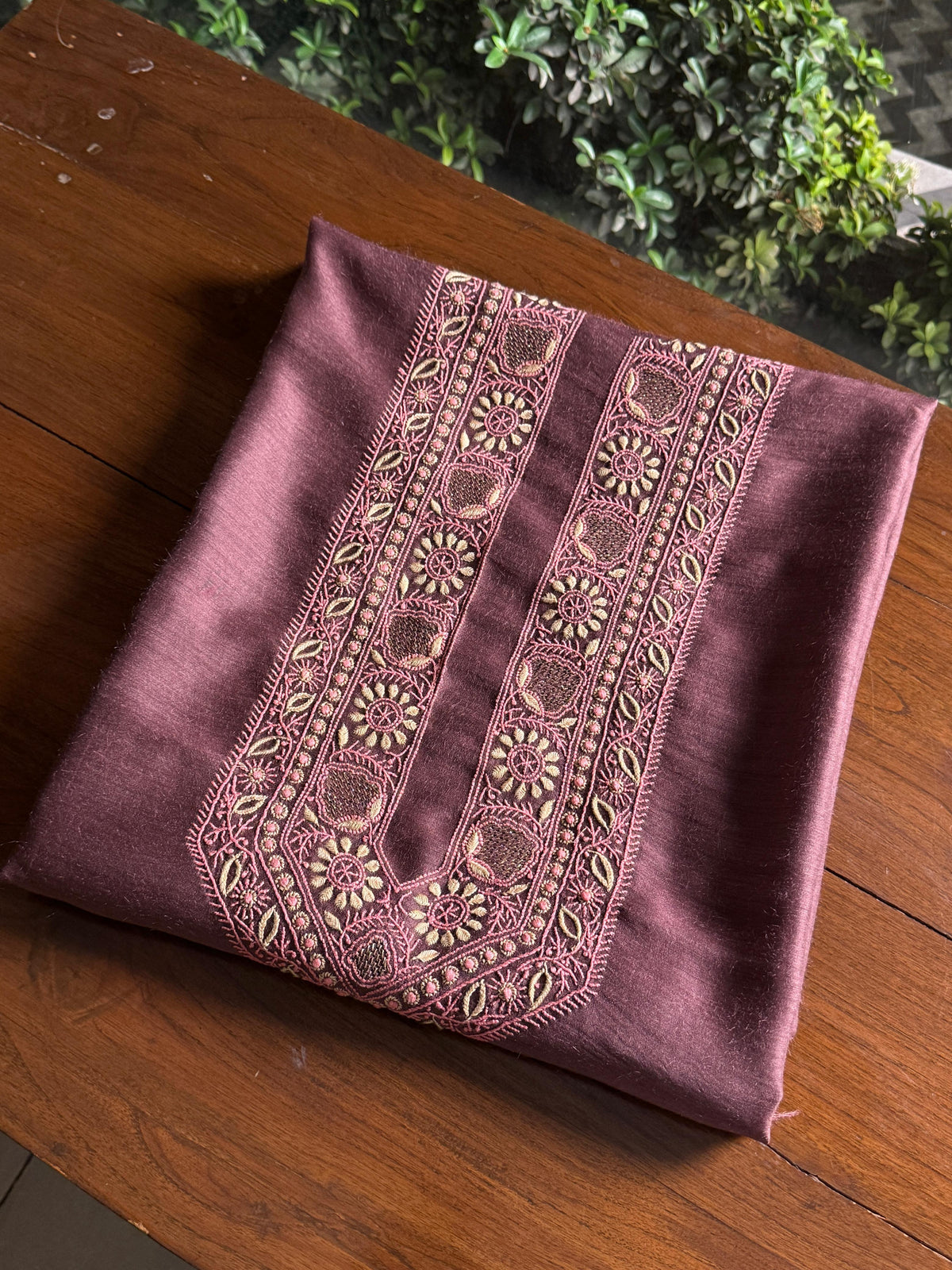 Wine Shade Moonga Silk Chikankari Men’s Kurta Fabric