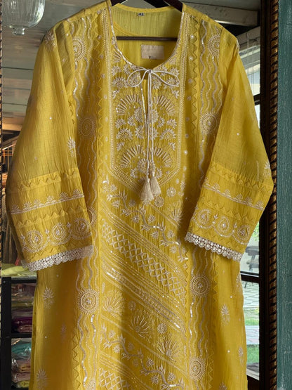 Yellow Mulmul Pearl White Chikankari Ready to Wear Kurta Set