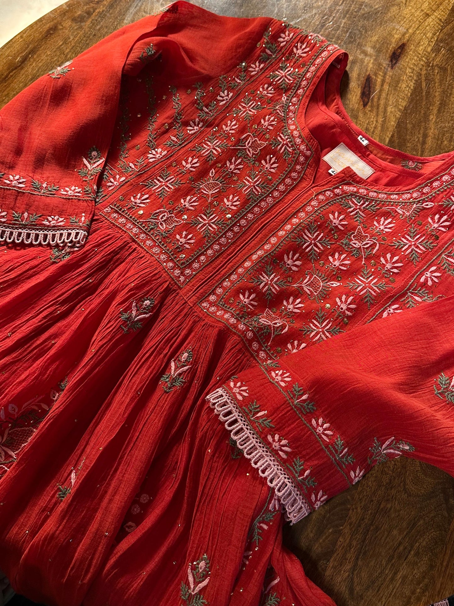 Saman Tomato Red | Malmal Mukaish Kamdani Chikankari Stitched Kurta Dupatta Set