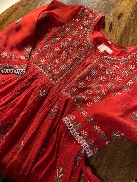 Saman Tomato Red | Malmal Mukaish Kamdani Chikankari Stitched Kurta Dupatta Set