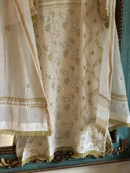 Ivory & Green Mul Chanderi Pearl Work Chikankari Kurta Set