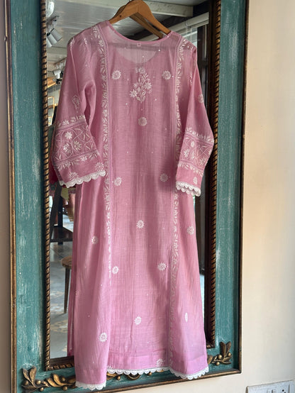 Pastel Pink Shade Malmal Pearl Work Chikankari Kurta With Dupatta