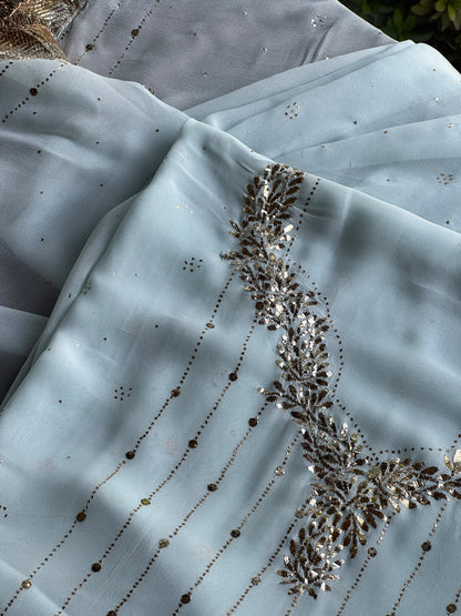 Powder Blue Mukaish Badla Pure Georgette Kurta Set