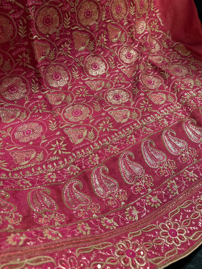 Hot Pink Tissue Silk Chikankari Unstitched Fabric