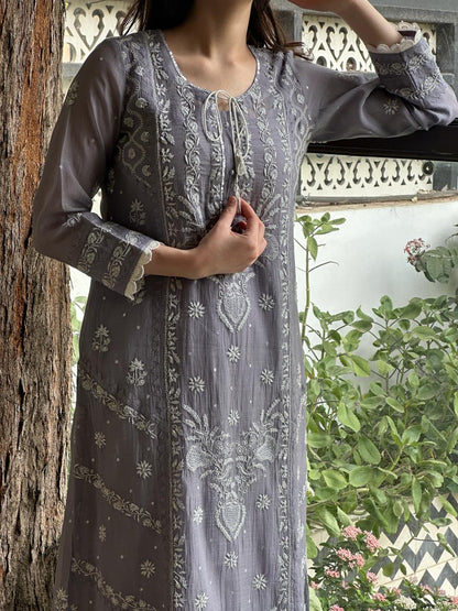 Grey Shade Malmal Mukaish Kamdani Chikankari Kurta Set