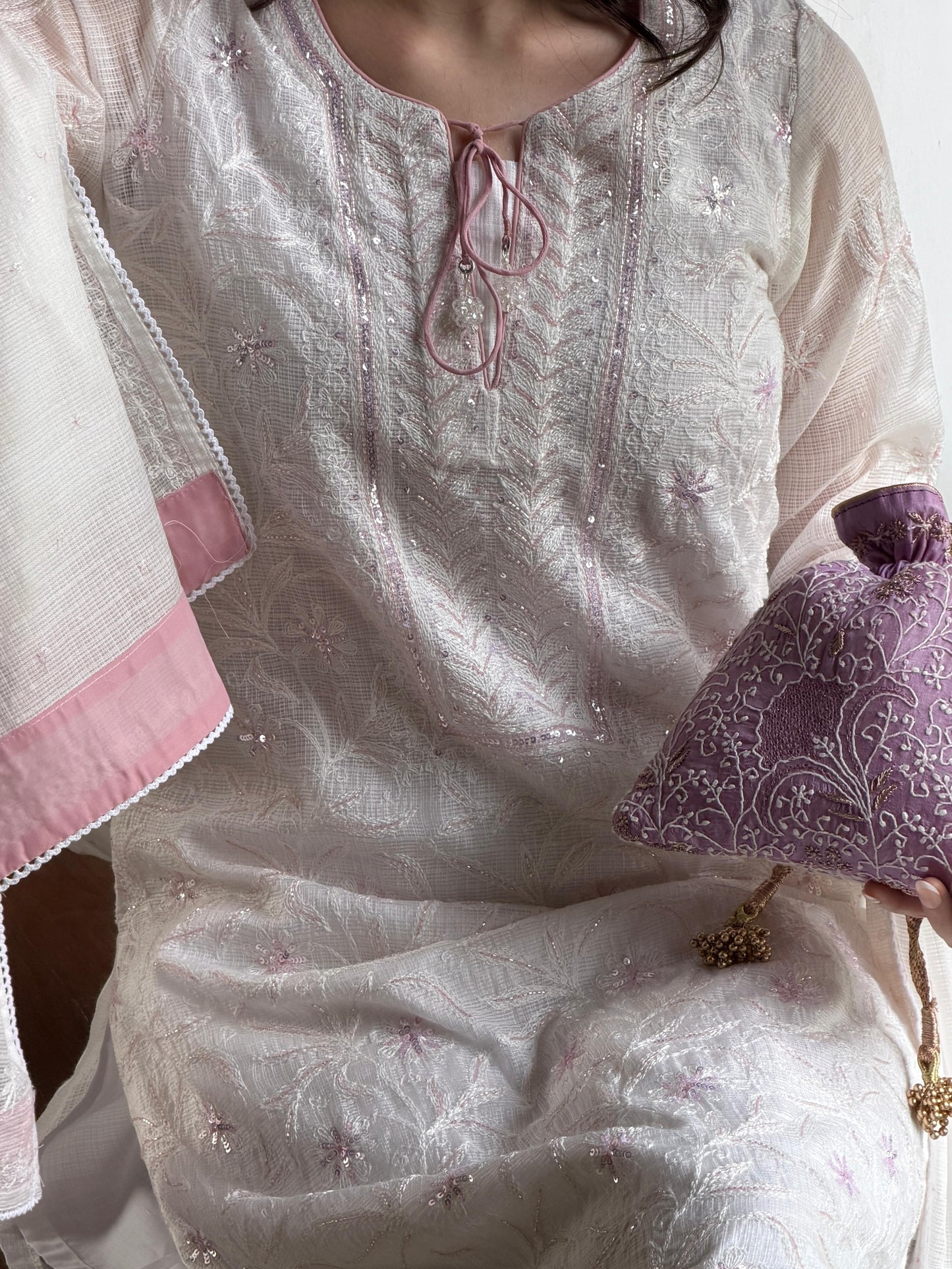 Powder Mauve Shade Kota Pearl Work Chikankari Kurta Set