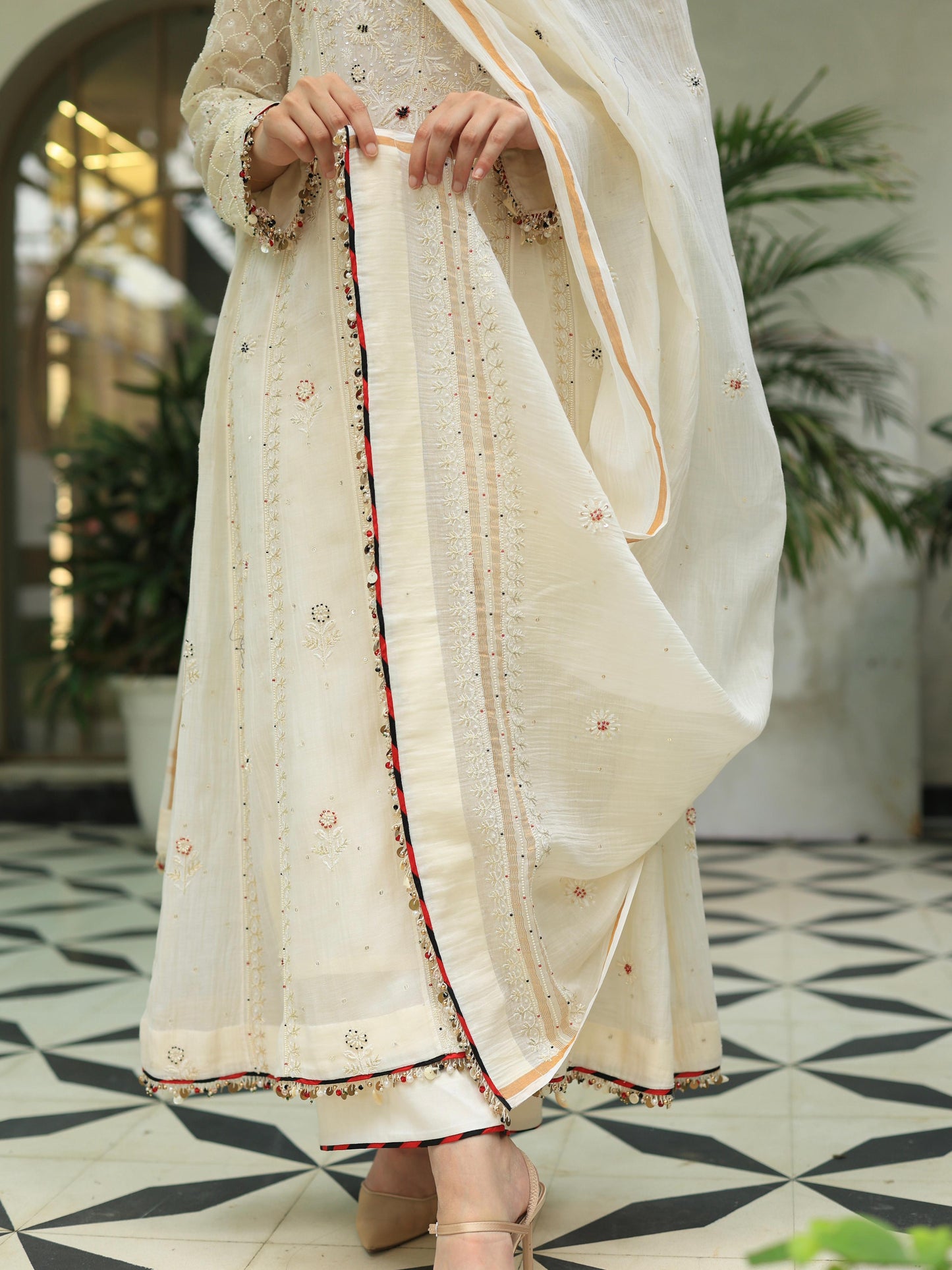 Off White Shade Malmal Pearl Work Chikankari A Line Kalidar Kurta With Dupatta