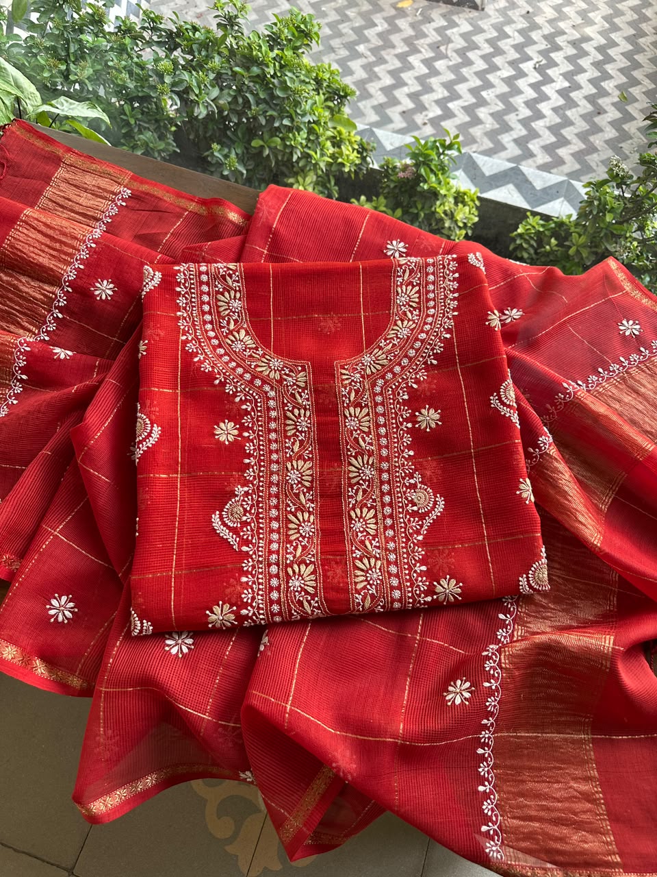 Red Shade Tissue Zari Kota Chikankari Unstitched Fabric