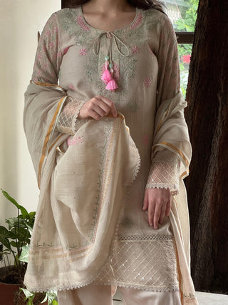 Mushroom Beige Mal Chanderi Farshi Chikankari Set