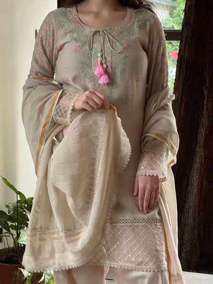 Nude Beige Shade Mul Chanderi Chikankari Farshi Sets