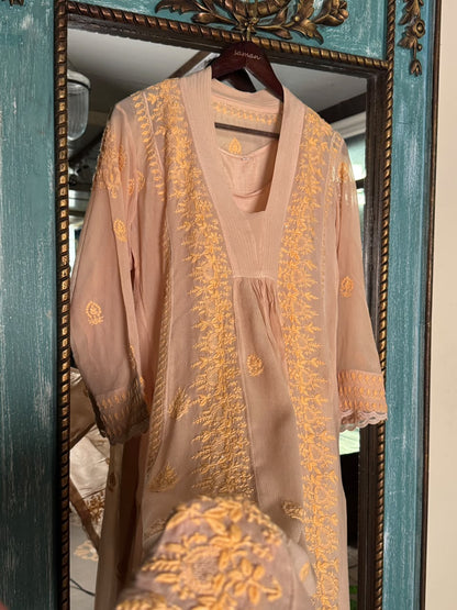 Peach Chiffon Chikankari Kurta with Lace Detailing
