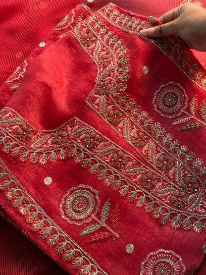 Brick Red Linen Silk Chikankari With Ari Work Unstitched Kurta Dupatta Set