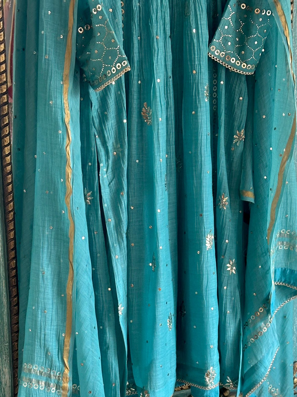 Sea Green Shade Mukaish Mul Chanderi Silk Dress