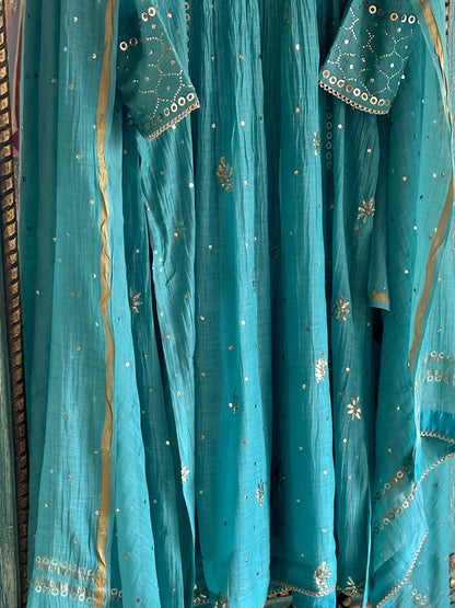 Sea Green Shade Mukaish Mul Chanderi Silk Dress