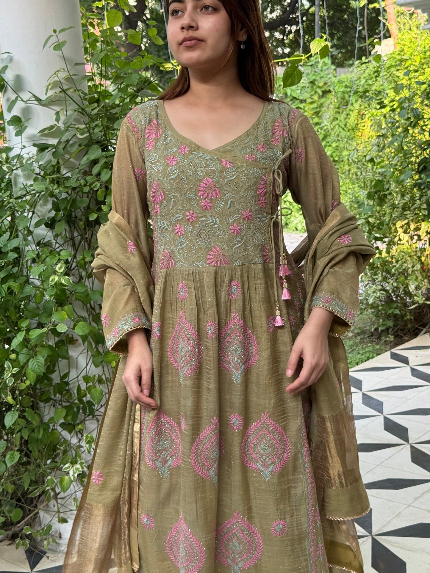 Mehndi Green Tissue Silk Chikankari Angarkha