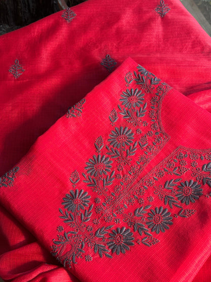 Red & Grey Kota Chikankari Unstitched Fabric