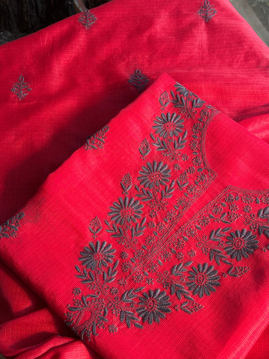Red & Grey Kota Chikankari Unstitched Fabric