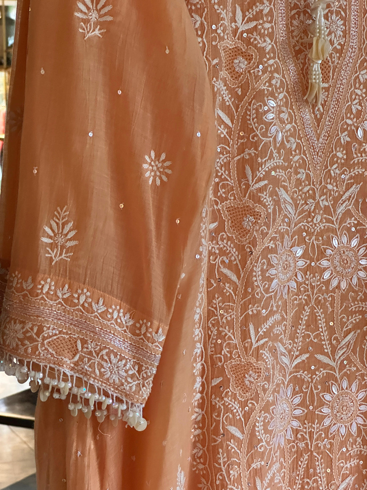 Coral Peach Shade Malmal Pearl White Chikankari Ready to Wear Kurta Set