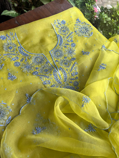 Lime Green & Grey Noor Organza Silk Chikankari Unstitched Fabric