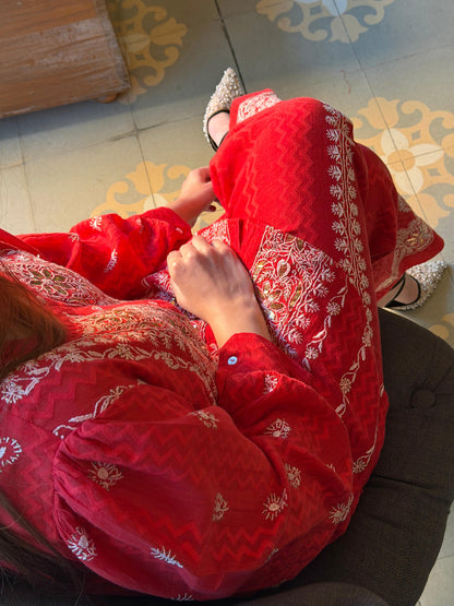Crimson Red | Jacquard Sequins Chikankari Co-Ord Set