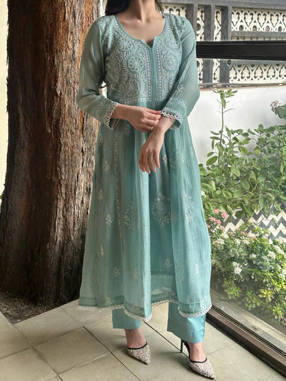 Light Blue Shade Malmal Mukaish Kamdani Chikankari Ready to Wear