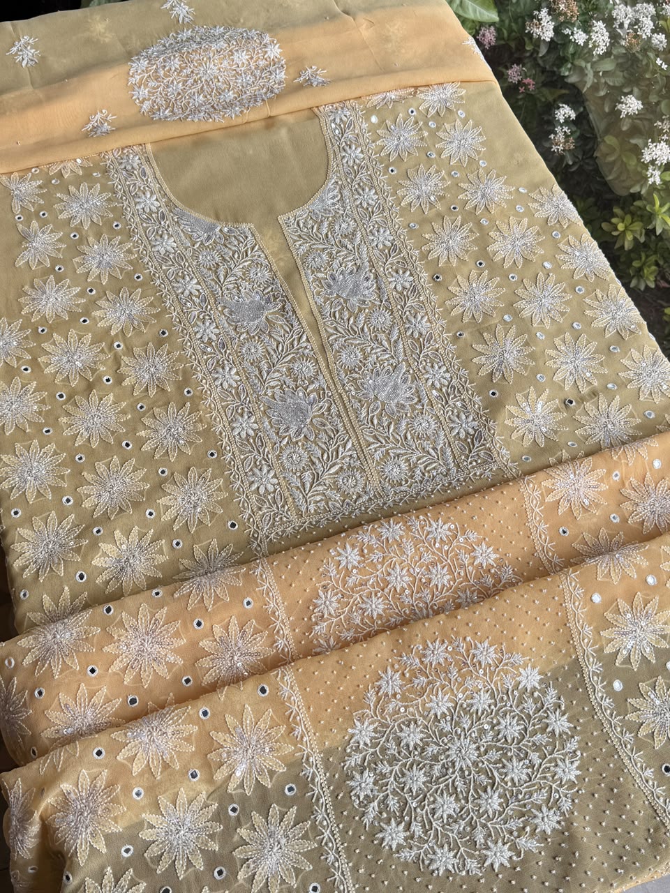 Melon Yellow shade Georgette Mirror Work Chikankari Kurta Dupatta Set